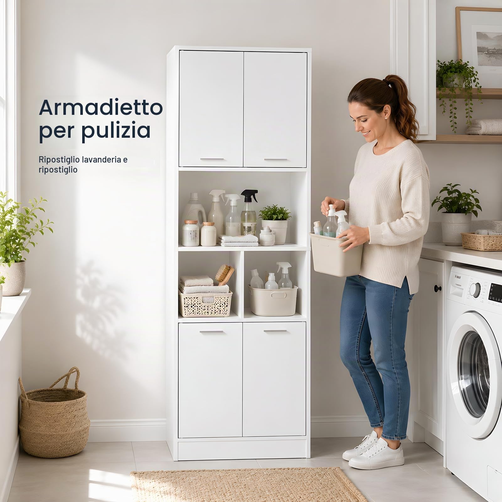Armadio Ufficio Bianco 60x40x180,5 cm, Schedario da Ufficio con 4 Ante, Vano Stampante e Ripiani Regolabili, Mobile Multiuso Salvaspazio per Camera e Bagno, Credenza per Cucina e Soggiorno