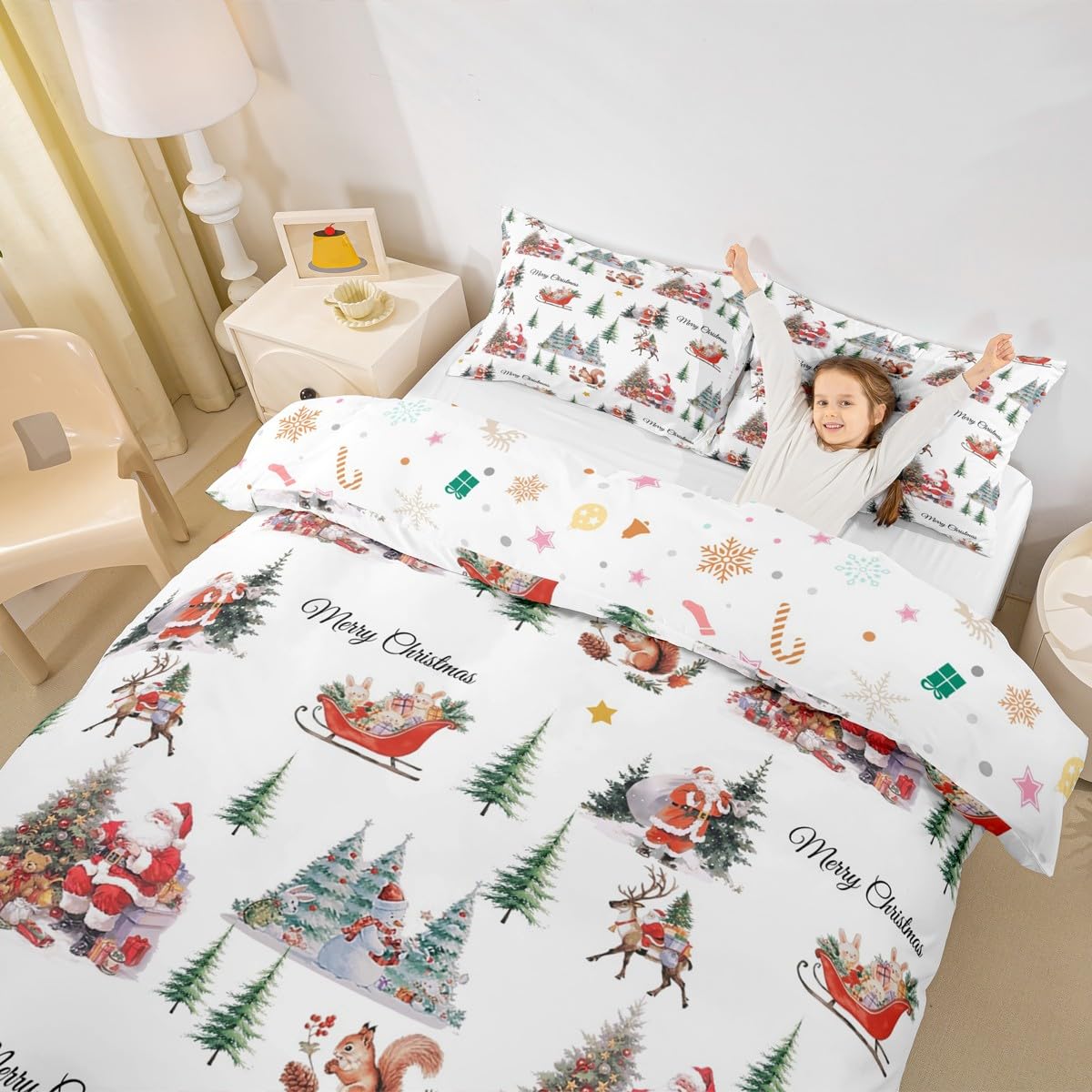 Homewish Poszewka na kołdrę z reniferem King Święty Mikołaj zestaw pościeli dla dzieci chłopców dziewcząt sanie sosna bałwan wiewiórka poszewka na kołdrę pudełko prezentowe Merry Christmas pościel