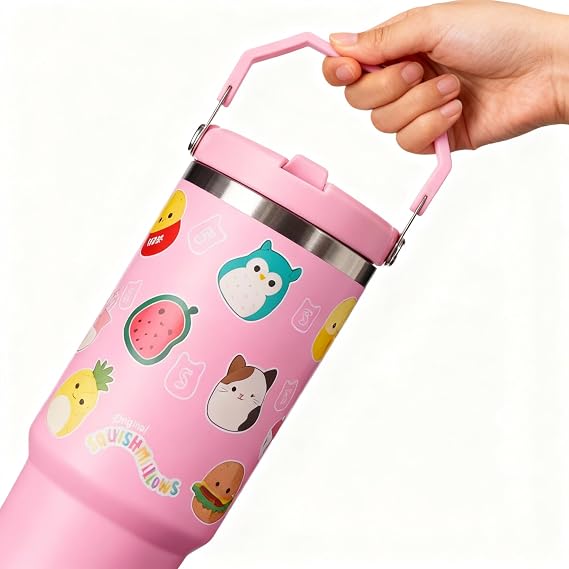 Squishmallows 30oz 900 ML Pink Travel Mug Coffee Cup Tumbler with Leakproof Straw & Lid | Stainless Steel Double Wall Vacuum Insulated Water Bottle for Office, Car | Cold for 17Hrs & Hot for 5Hrs