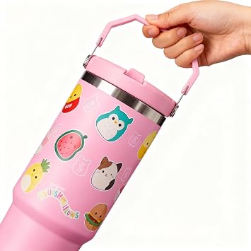 Squishmallows 30oz 900 ML Pink Travel Mug Coffee Cup Tumbler with Leakproof Straw & Lid | Stainless Steel Double Wall Vacuum Insulated Water Bottle for Office, Car | Cold for 17Hrs & Hot for 5Hrs
