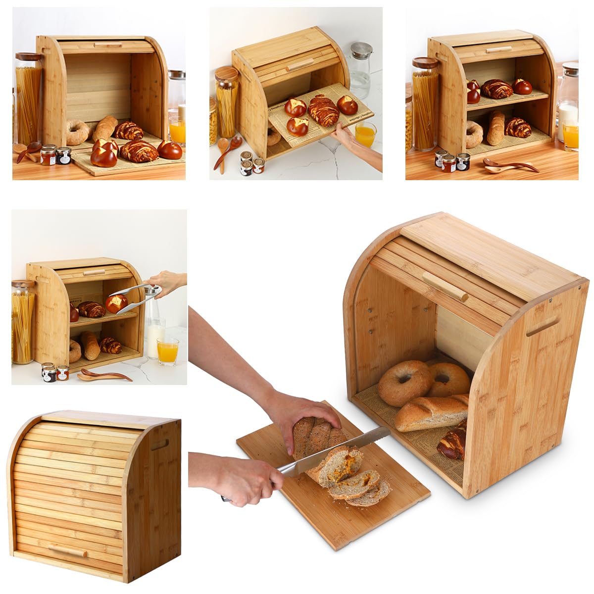 G.a HOMEFAVOR bambusowy chlebak / pojemnik na chleb z pokrywą na kółkach i z 2 przegródkami – wyjmowana przegródka, łatwy i szybki montaż – naturalne drewno – 38 cm x 25 cm x 36,8 cm