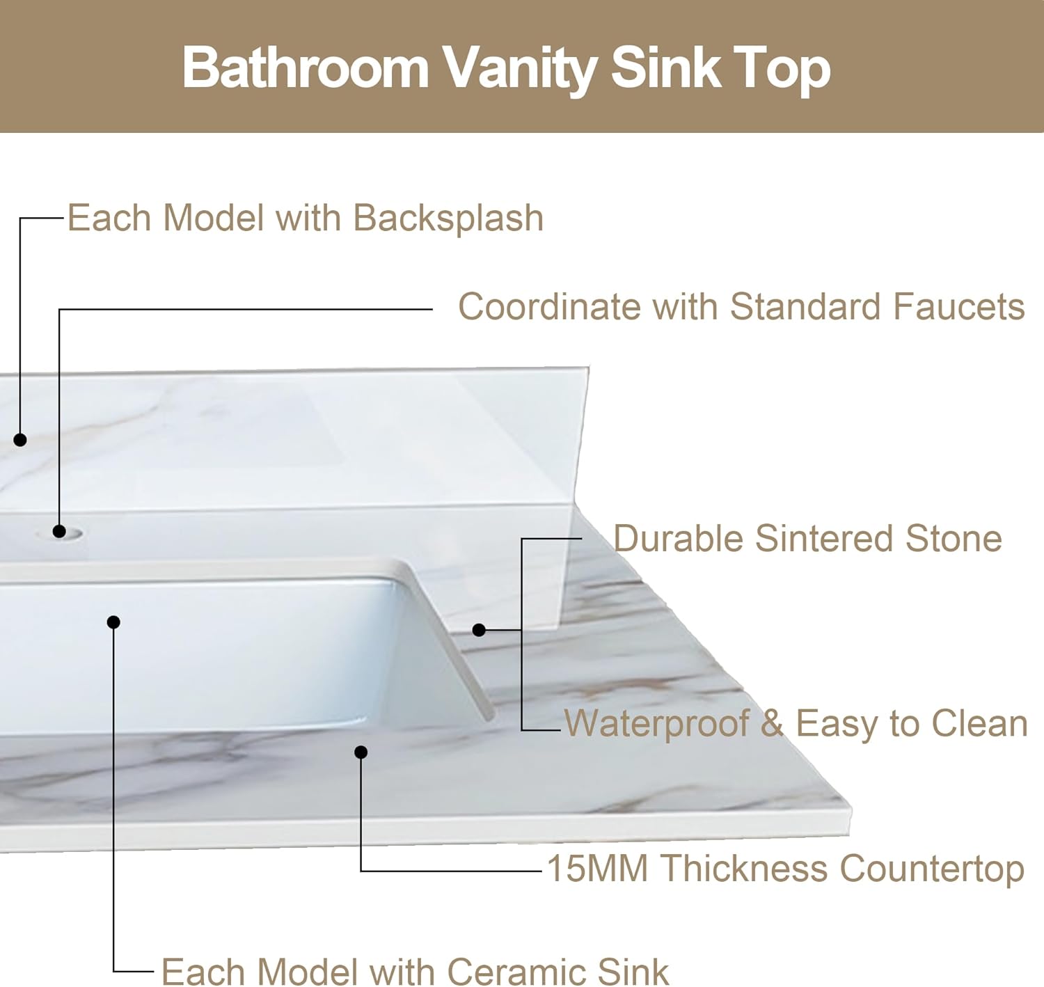 31 x 22 Inch Bathroom Vanity Top, Sintered Stone Vanity Top with Sink, Single Hole Marble Countertop with Undermount Rectangular Sink & Backsplash (Belly Golden)