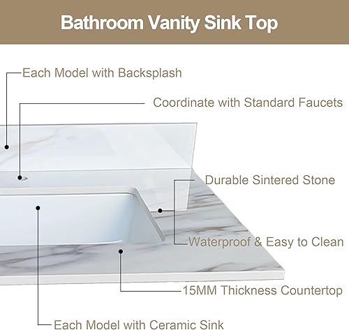 Miniatura 10 de Top de tocador de mármol de 43 pulgadas con fregadero parte superior de fregadero de piedra diseñada con fregadero de cerámica empotrado y