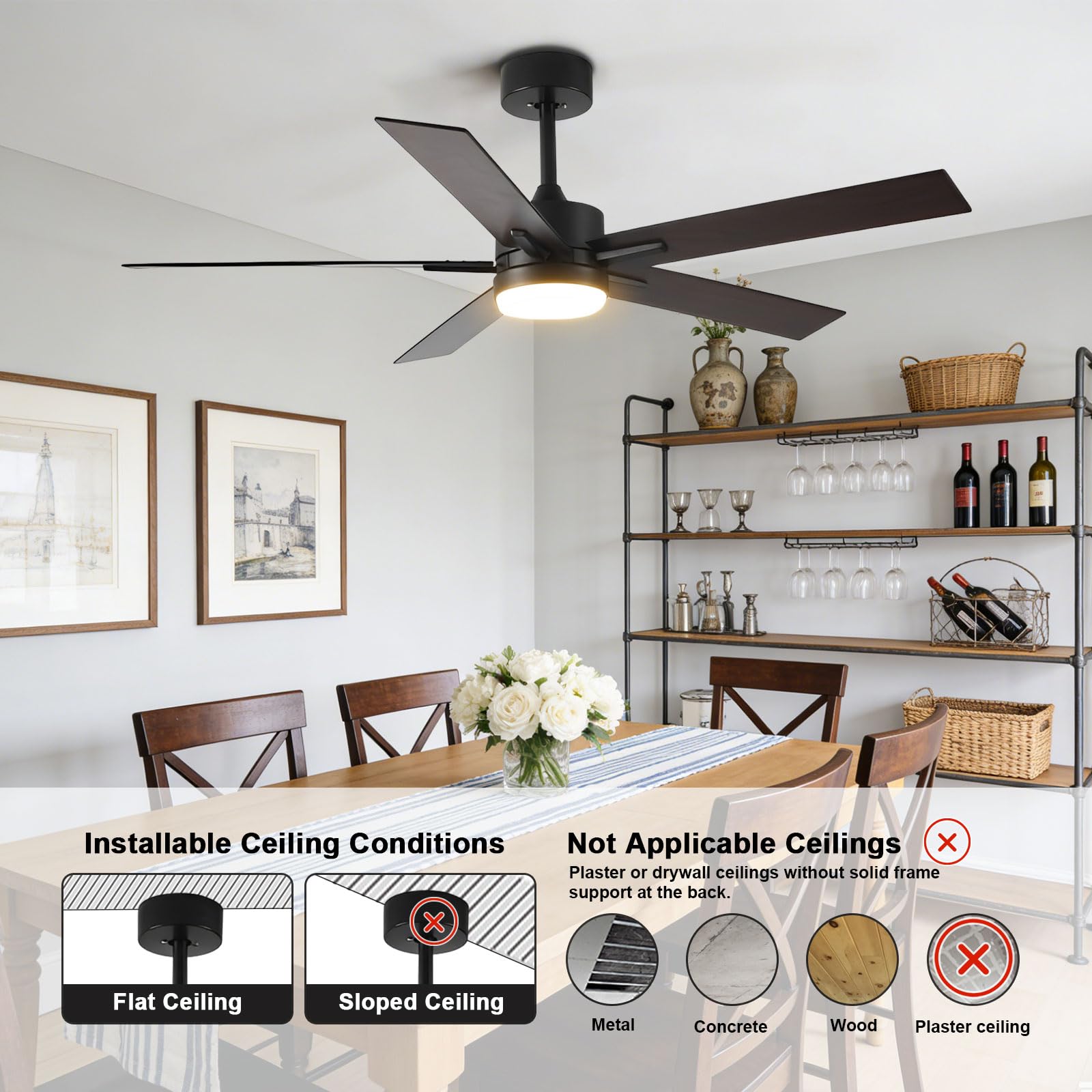 Ventilador de Techo Negro de 52 Pulgadas con luz, Moderno, silencioso, con LED Regulable, Control Remoto Inteligente/App/Voz, 6 velocidades para Dormitorio, Comedor y Sala de Estar