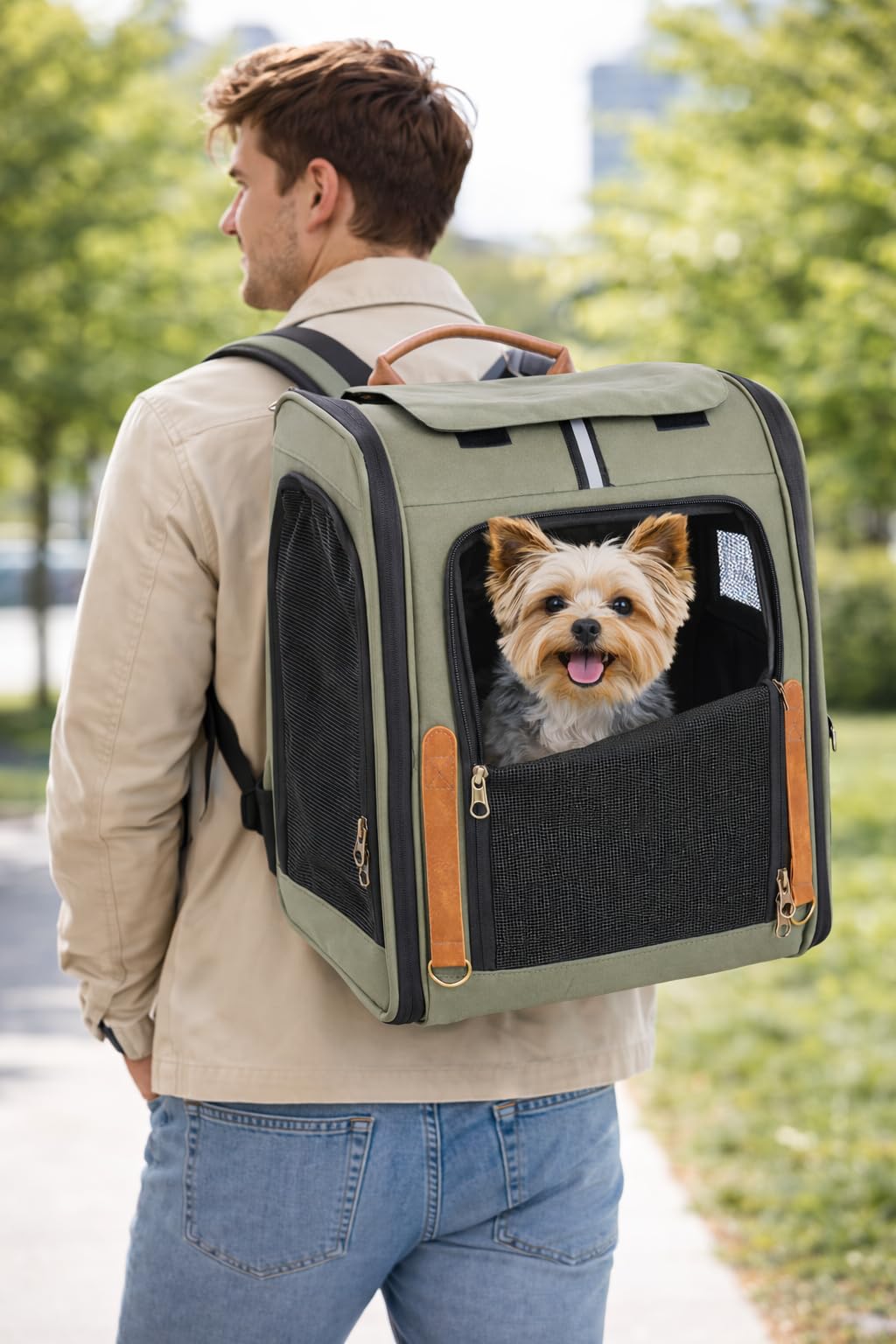 Sac à Dos Chat – Chien – Flamingo Yoda Vert – 34×26×40 cm – Polyester – Cadre/Dos renforcés – Ouvertures AV/Haut/côté – Fond Amovible – Sangle sécurité – Bretelles/Ceinture/Poitrine – Poche & poignée