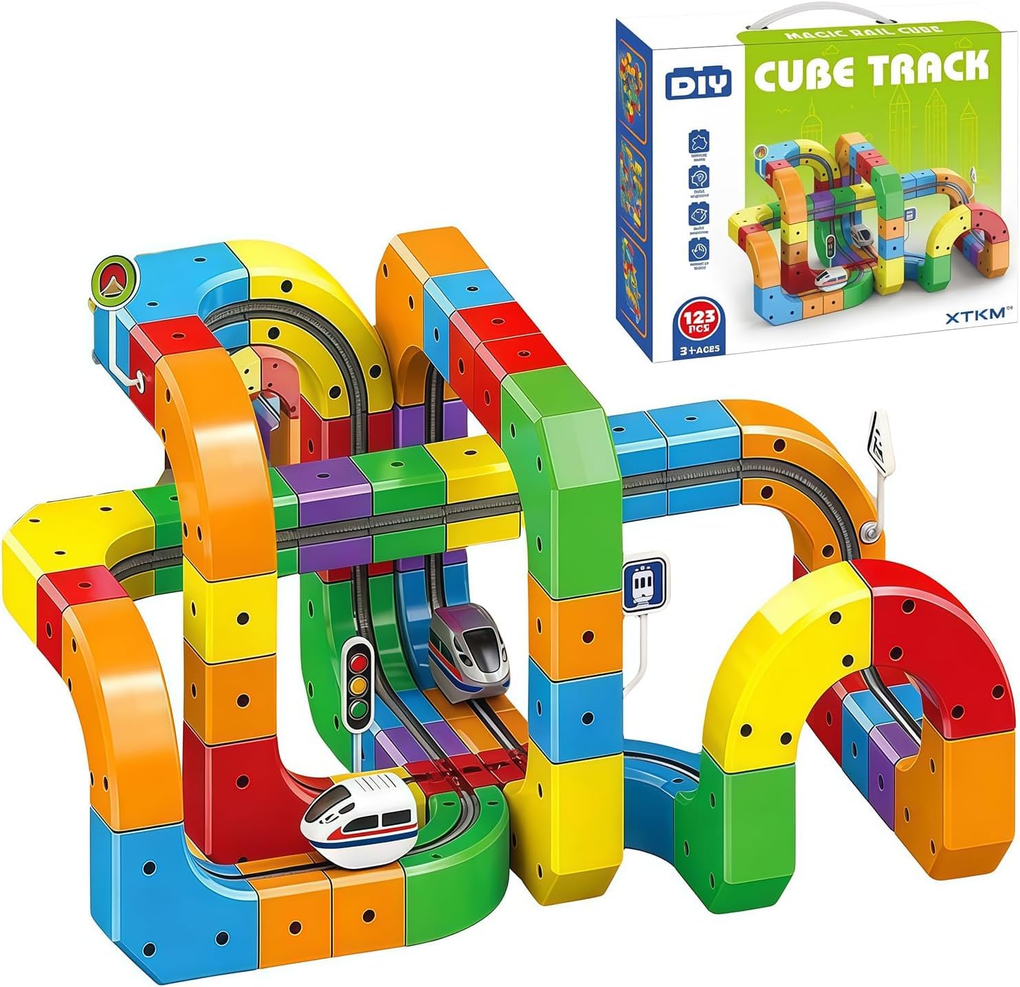 Electric Train Set, Flexible Track Fusion Train Set, DIY Race Car Track Building Kits with Train and Traffic Signs, for 4-10 Year Old Boys Girls