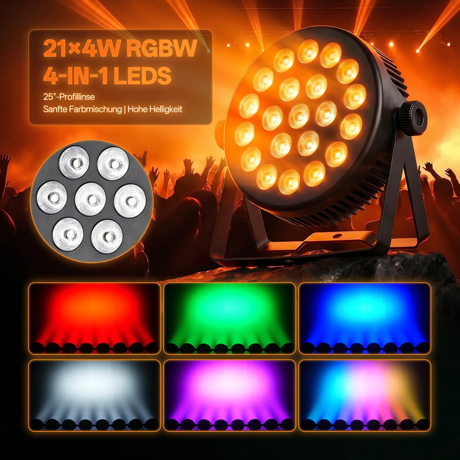 80W Foco Par LED RGBW, 21 LEDs Luz Estroboscopica con Control Remoto y Activación de Sonido, 5 Efectos de Iluminación, DMX 8CH Luces Escenario para Casa Disco Fiestas Halloween Bar Bodas