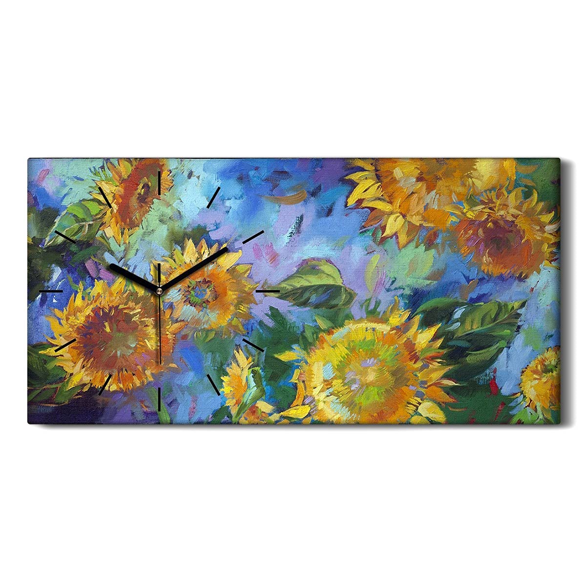 Horloge sur Toile Fleurs de Tournesol Coloray 60x30cm avec Aiguilles Noires Silencieuses