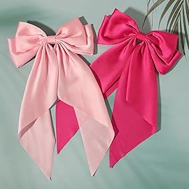 SUSULU Pink Hair Bows for Women, 2pcs Big Long-Tail Ribbon Accessories, Hot Pink Barrettes for Party Birthday