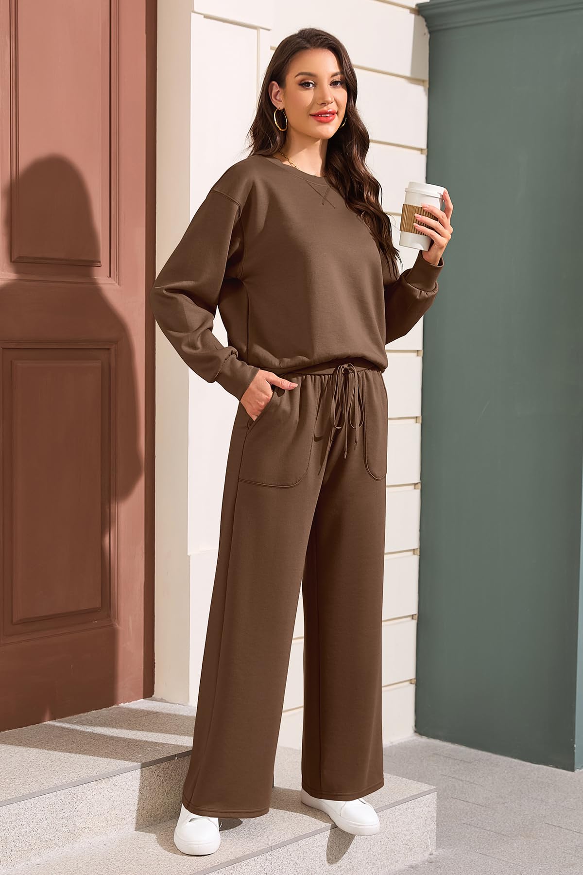 SHEKINI 2-częściowy damski dres treningowy, sweter z długim rękawem, dres, bluza z szerokimi nogawkami, zestaw wypoczynkowy, Homewear na jesień i zimę
