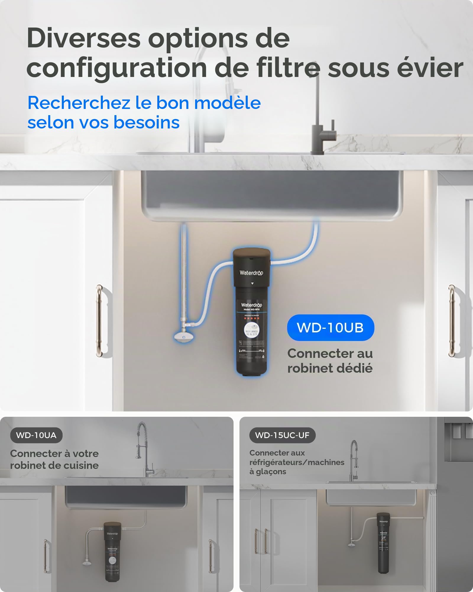 Waterdrop 10UB Système de Filtre à Eau Sous Évier avec Robinet Dédié, 11000 Gallons de Filtration d'Eau de Grande Capacité, Certifié NSF/ANSI 42, Réduit 99,99% le Plomb, le Chlore, le Mauvais Goût