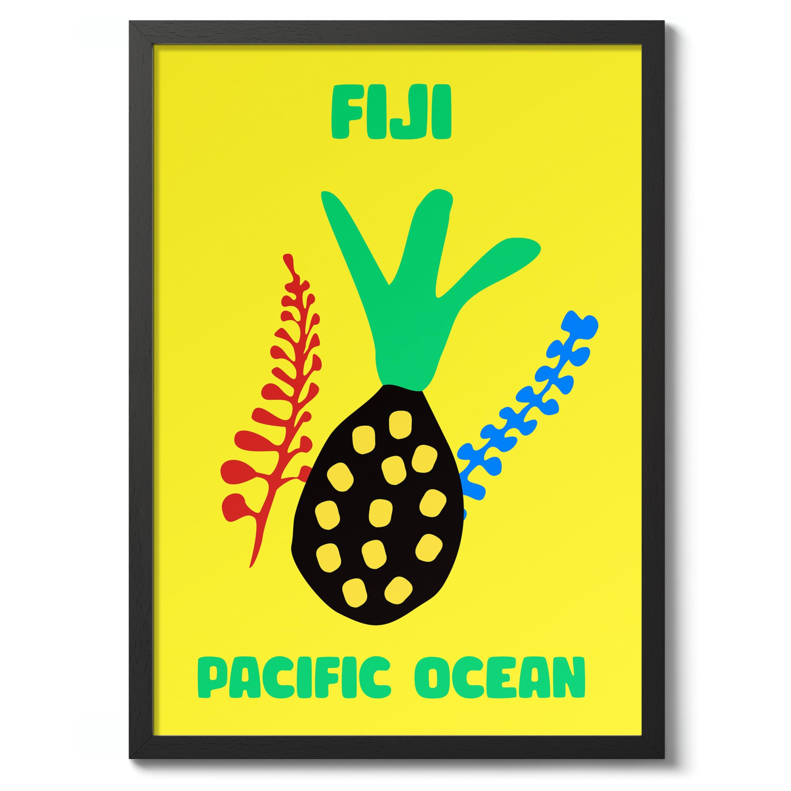 Fiji Travel Poster, Colourful Abstract Preppy Minimalist Room Decor Wall Art Print, Archival Matte, A5 (Black Frame) - 21x14.8cm — image 1