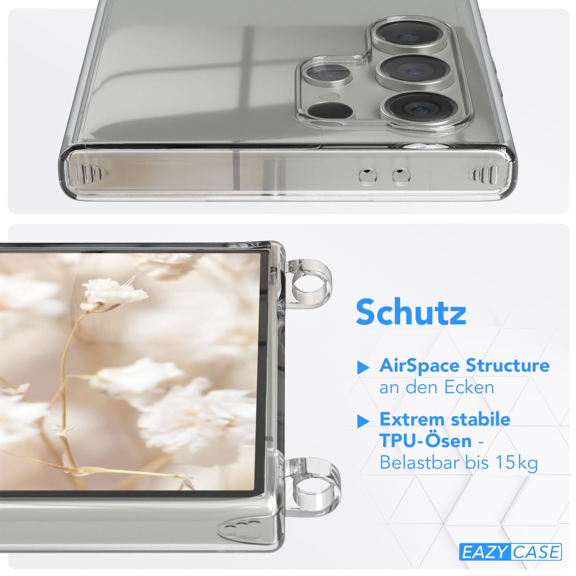 EAZY CASE Handykette - Verstellbares Taschenband kompatibel mit Galaxy S24 Ultra, Schulterriemen, Handykordel mit Silikon Hülle, Umhängetasche, Leo - Schwarz Beige Silber