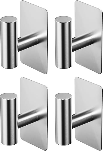 Ganchos para toallas para baños, paquete de 4, acabado plateado cepillado, ganchos de pared adhesivos de acero inoxidable en forma de T para batas y