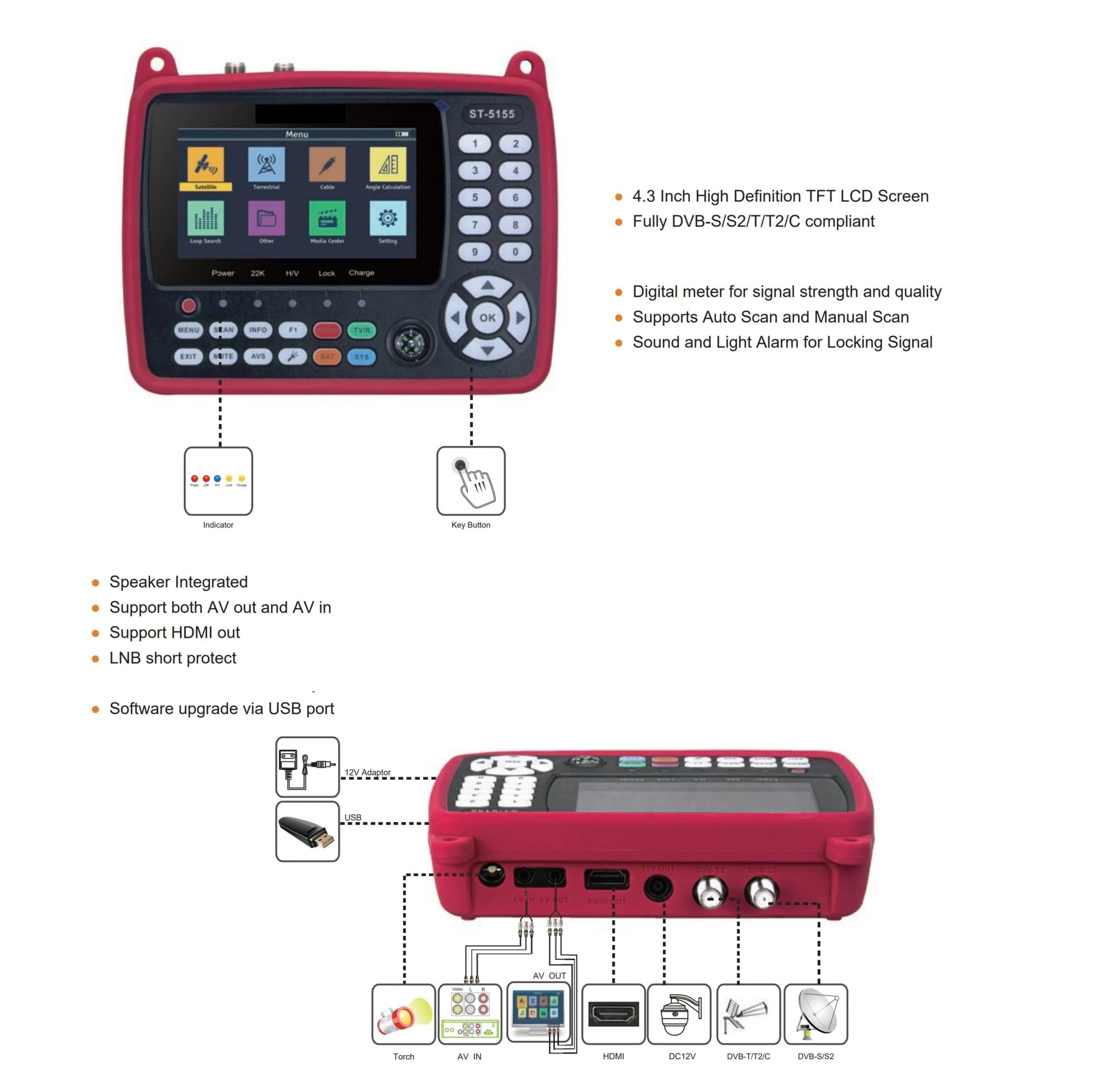 Buscador de satélite DVB-S2 + DVB-C + DVB-T2 medidor de medición de señal Digital Receptor Detector con Pantalla de 4,3 Pulgadas Borrar Pantalla