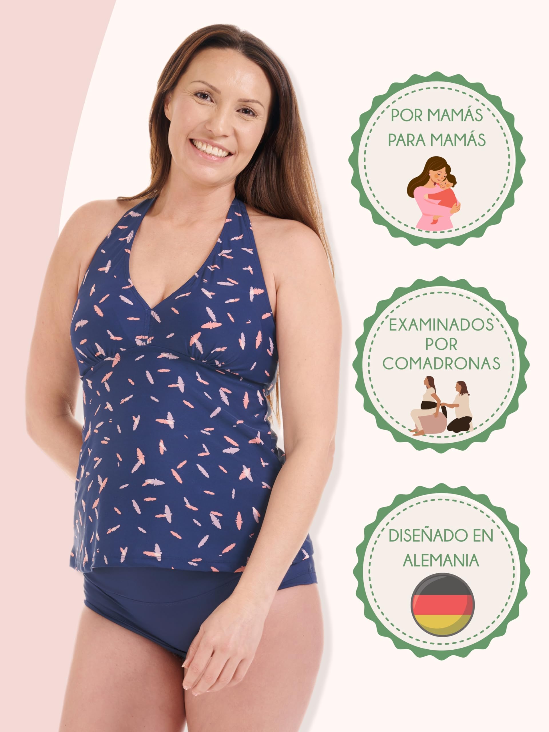 Herzmutter Neckholder - Tankini de Maternidad -Traje de baño de Dos Piezas para Mujeres Embarazadas - Overpants - Panty - Patrón de Rayas Liso - Oversize - Protección UV 50-7100