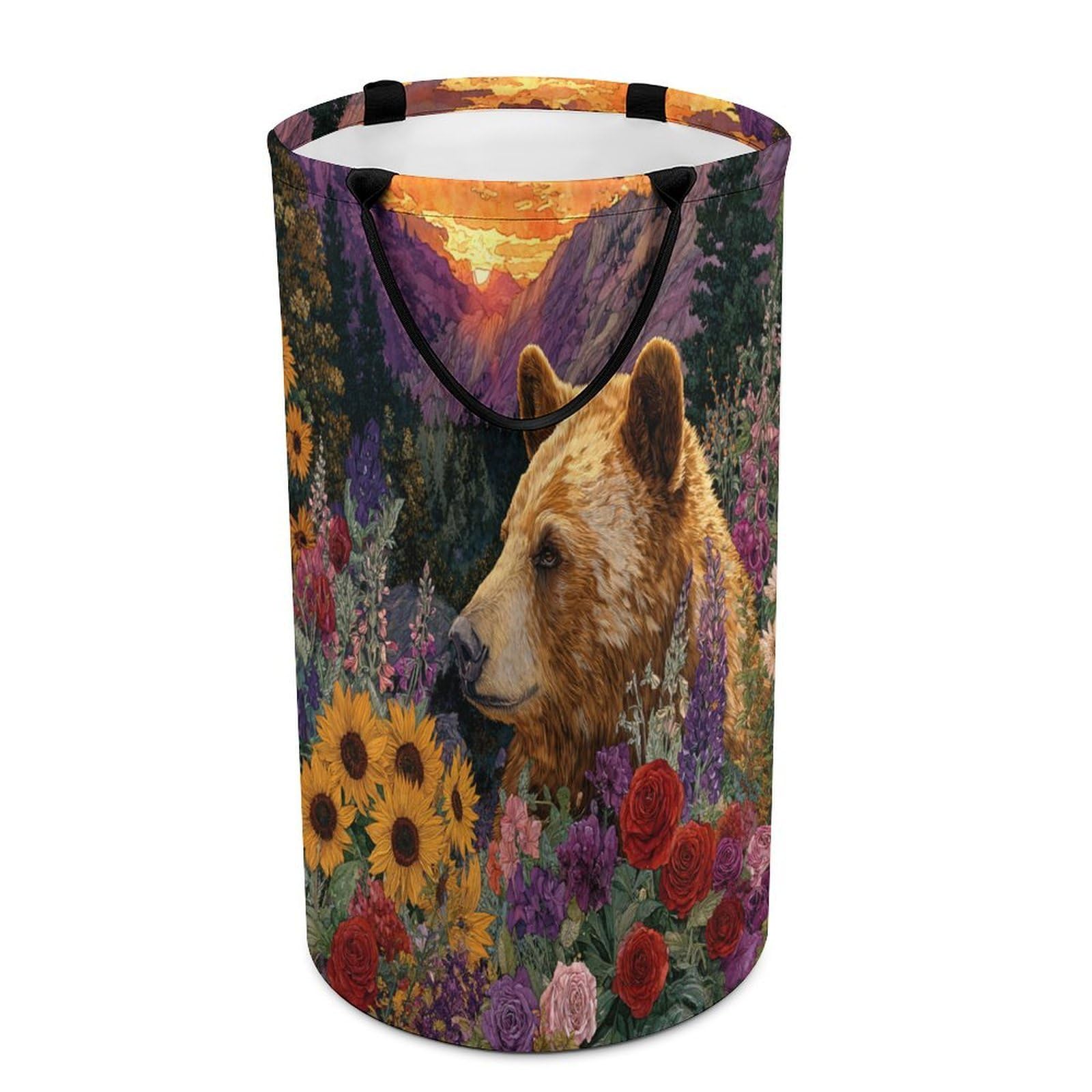 LUYYSKY Retro Realistic Black Bear Collapsible Dirty Clothes Basket, Mid Century Classic Sunset Plants Sunflowers Flowers Animal Bears Portable Clothes Storage Basket