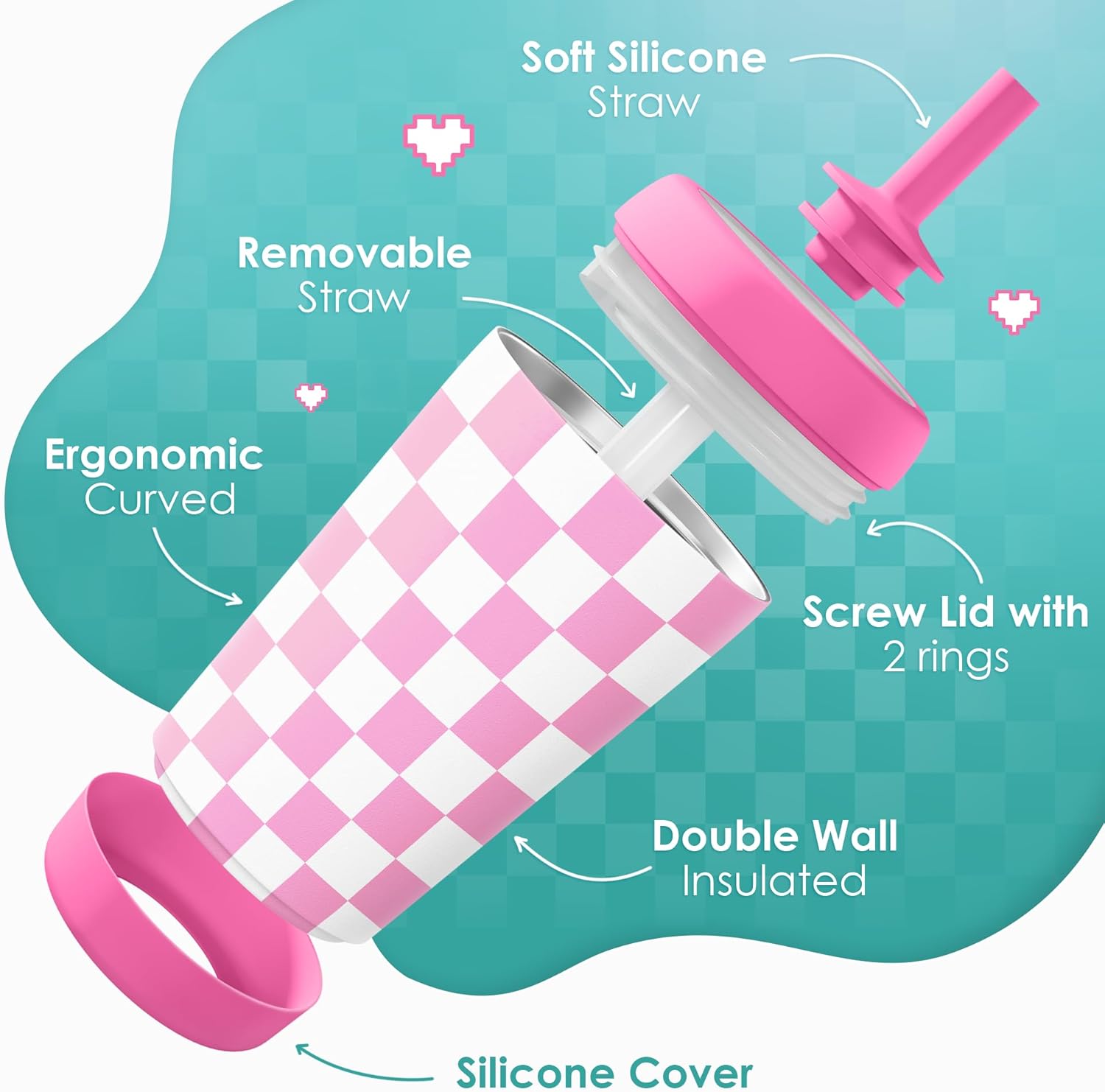 Kid Insulated Stainless Steel Tumbler with Silicone Straw, 12oz Sippy Cup for Kids (Pink Checkerboard) - Image 3