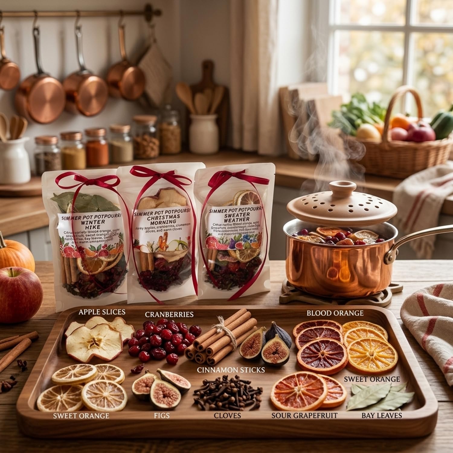 Simmer Pot Potpourri Kit – Confezione da 3 pentole naturali con fette di arancia essiccata, fette di mela, chiodi di garofano interi e bastoncini di cannella, fragranza autunnale e invernale per la