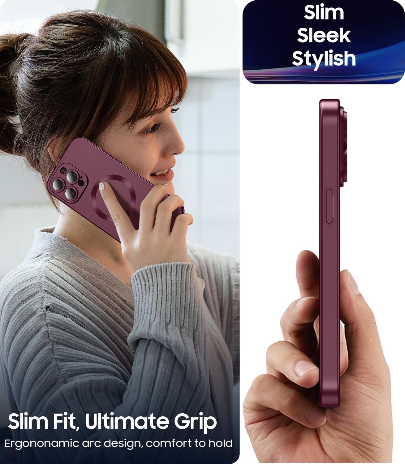 Magnetic for iPhone 15 Pro Max Case [Compatible with MagSafe][Built-in Camera Lens Protector] Slim Soft Silicone Bumper Shockproof Metallic Luster Phone Case (Burgundy) - Image 6