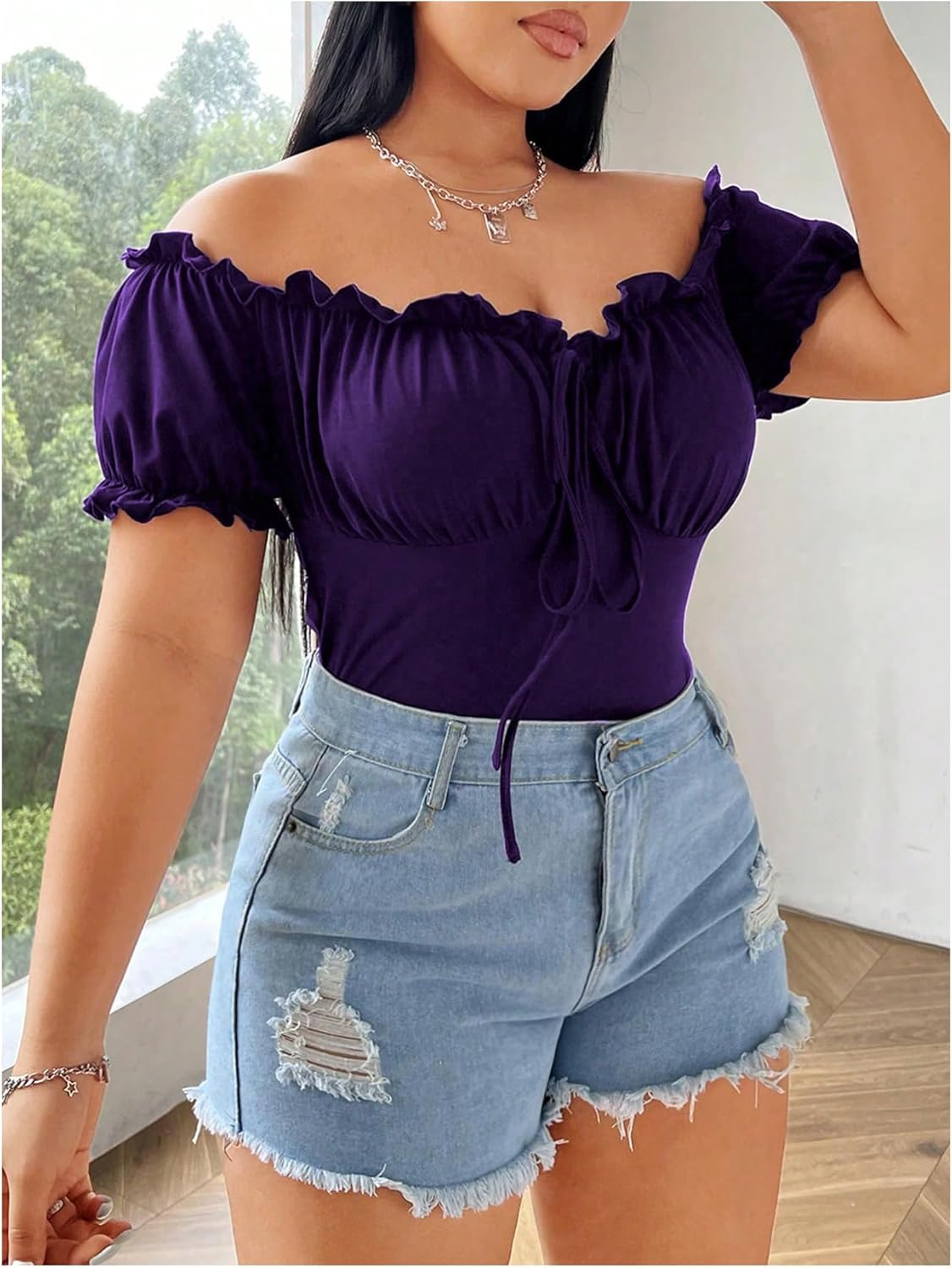 WDIRARA Women's Plus Size Off The Shoulder T Shirt Tie Front Puff Sleeve Tee Ruched Going Out Tops - Image 6
