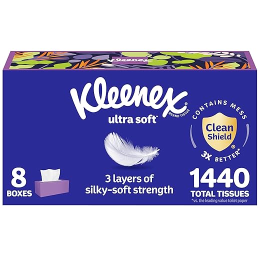 Kleenex Ultra Soft Facial Tissues, 8 Flat Boxes, 180 Tissues per Box, 3-Ply, Packaging May Vary