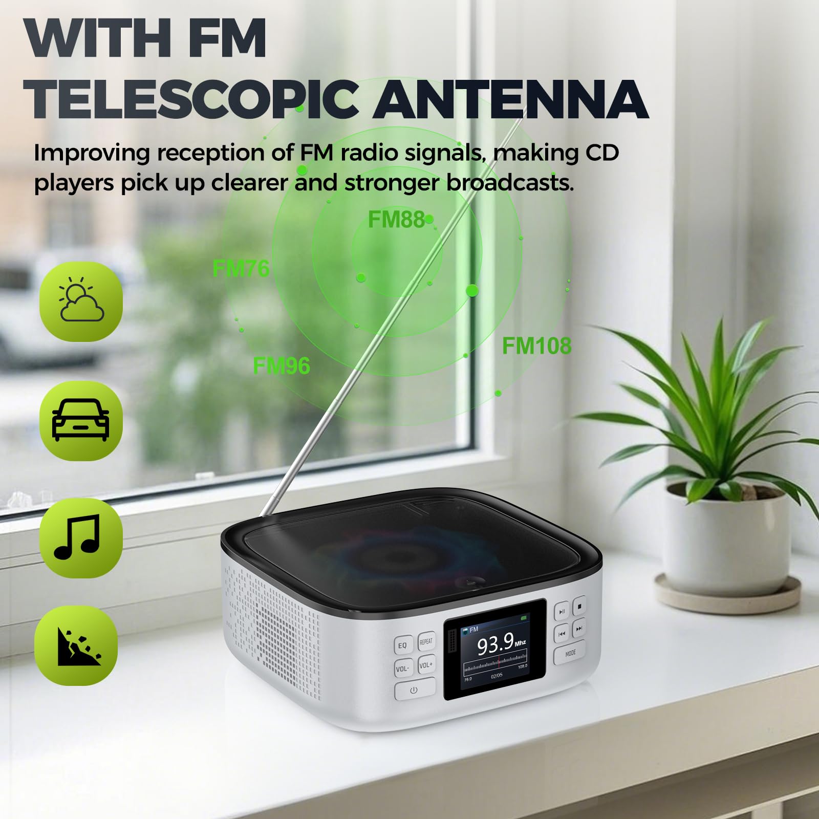 [2026 New] ARAFUNA Lecteur CD Portable pour la Maison, Boombox Rechargeable, Lecteur CD Bluetooth avec Haut-parleurs, Petit Lecteur Radio CD, écran LED Couleur, télécommande, Compatible FM/USB/AUX