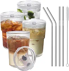 Copos de café gelado com tampas e canudos, 4 peças, conjunto de copos inquebráveis de 473 ml, copos de plástico transparente, copo de café gelado reutilizável com tampa e canudo, para levar