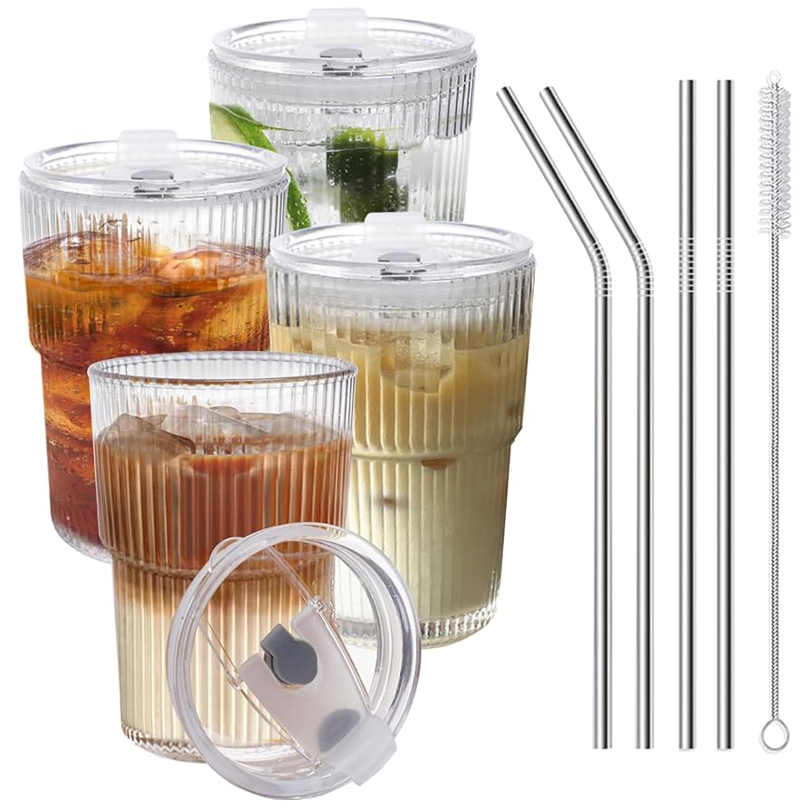 Iced Coffee Cups With Lids and Straws 4 Pcs, 16 OZ Unbreakable Glasses Drinking Set,Clear Plastic Cups Reusable Iced Coffee Tumbler with Lid and Straw, To Go Coffee Cups Dishwasher Safe
