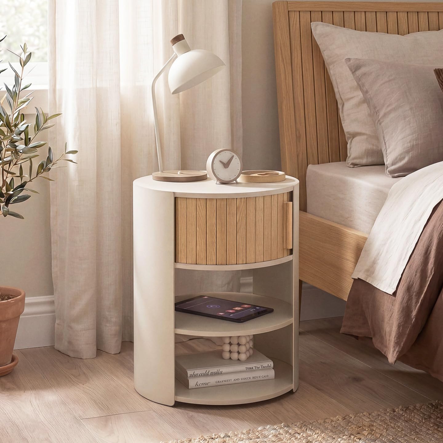 IDMarket - 2 chevets Ronds TONO 1 tiroir Beige et Effet Lattes