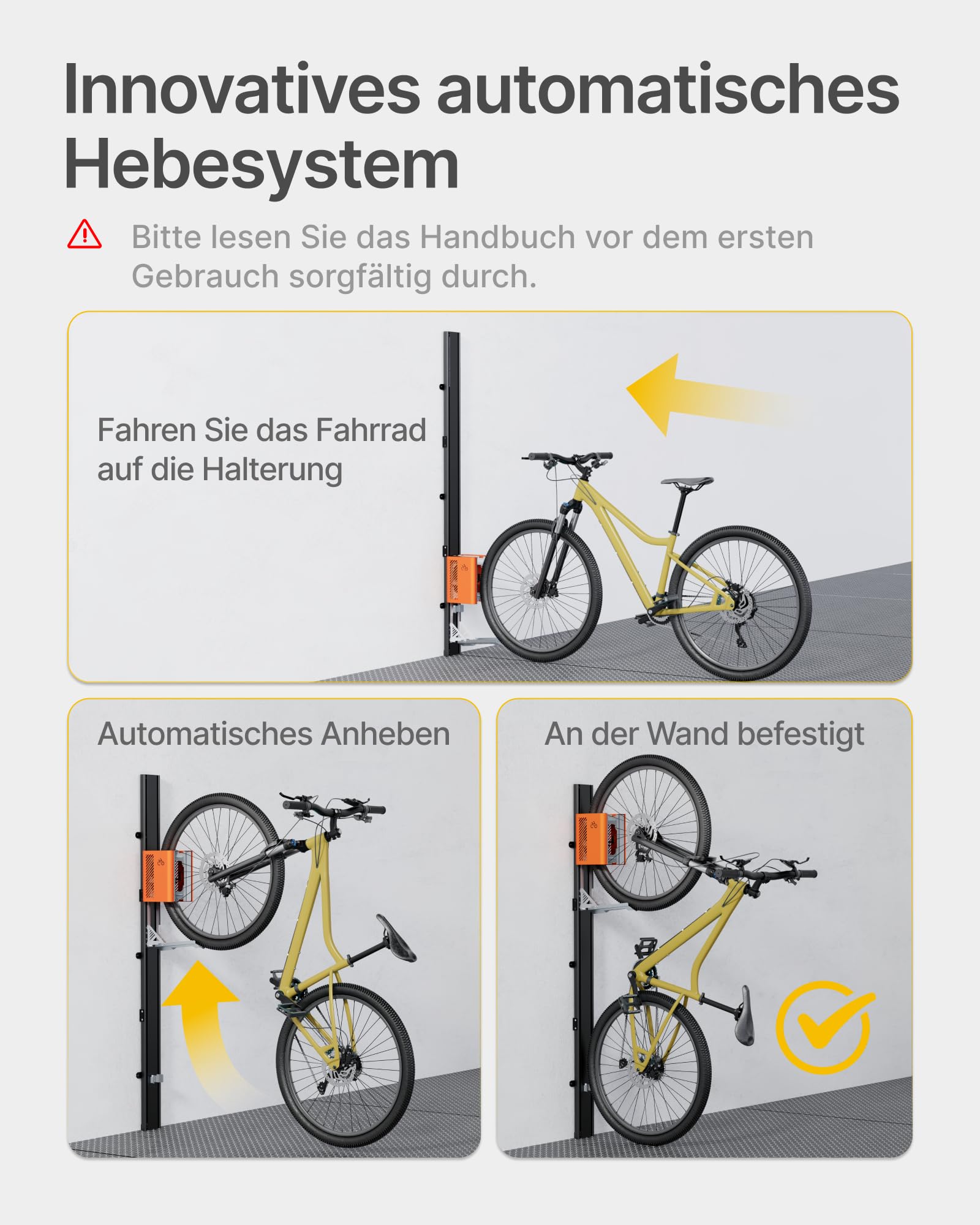 monTEK Automatischer Fahrradlift – Vertikaler Fahrradträger für schwere Fahrräder (bis 32 kg) – Einfache Montage, platzsparende Wandhalterung für Garage, Schuppen, Wohnung – Für 24-29" Reifen, E-Bikes