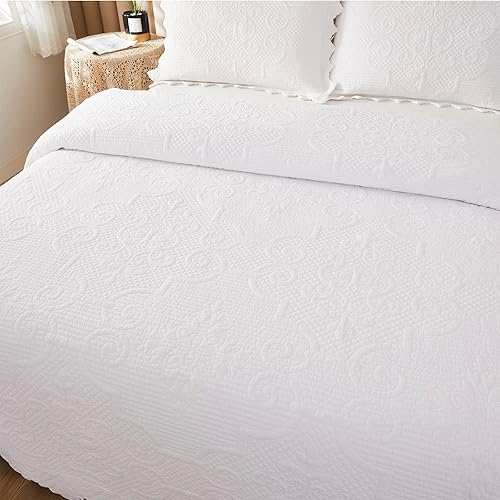 Miniatura 9 de Brandream Juego de edredones blancos tamaño King de algodón festoneado Matelasse juego de edredón de 6 piezas