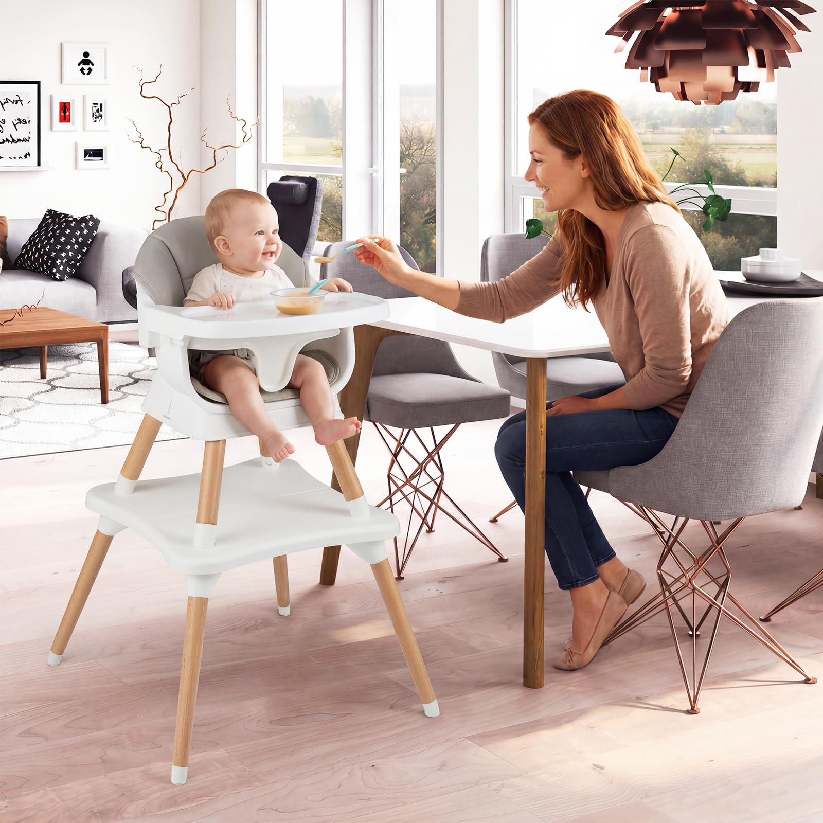 COSTWAY Trona Bebé 9 en 1, Trona Evolutiva con Bandeja Extraíble Apta para Lavavajillas, Patas de Madera, Cinturón de Seguridad de 5 Puntos y Cojín de Asiento, Silla Alta Convertible (Gris Claro)