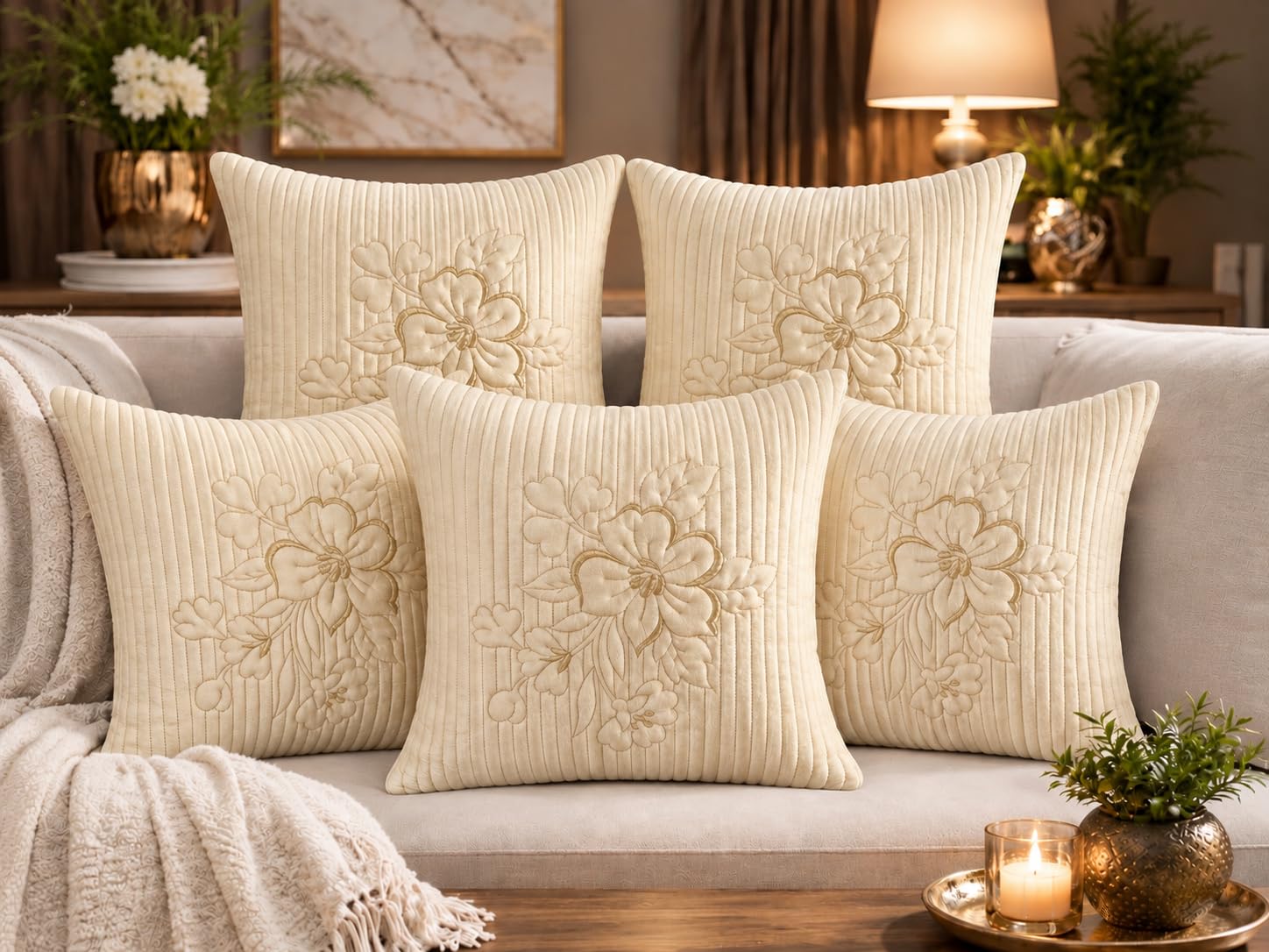 Velvet Cushion Covers Set of 5, Cream Embroidered Decorative Throw Pillow Covers, 16 x 16 Inch Sofa Cushion Covers, Floral Quilted Cushion Covers with Hidden Zipper, Living Room Home Decor, Cover Only