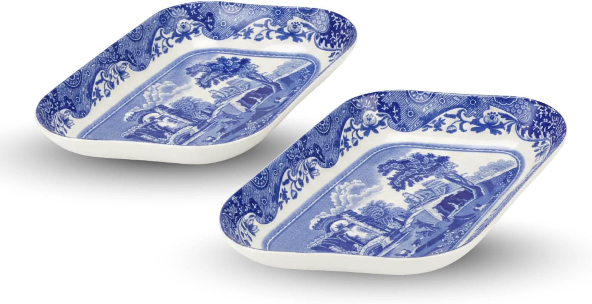 Blue Italian Pickle Dishes, Set of 2 - Countryside & Scroll Border