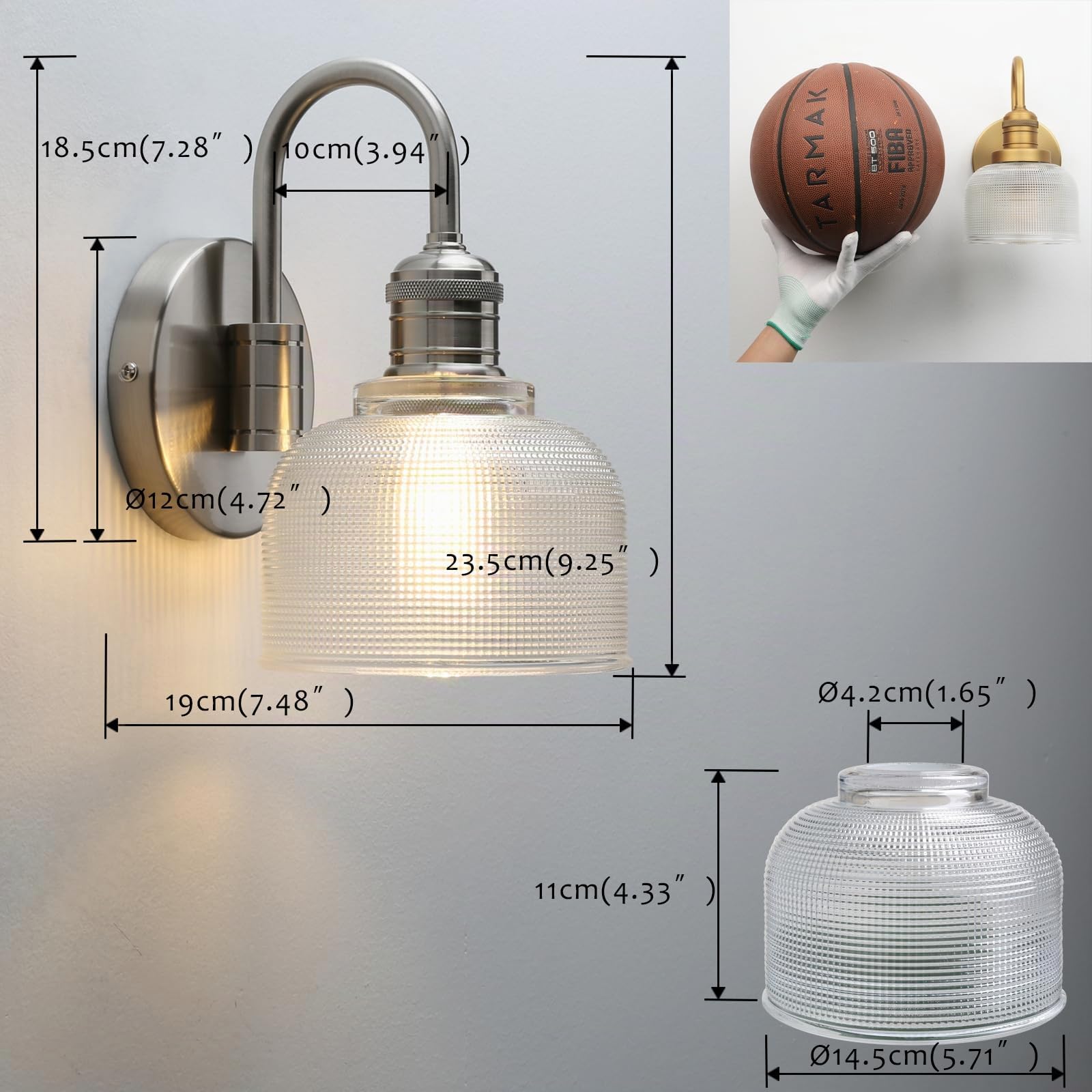 Pathson Vintage Col de Cygne Applique Murale Industriel E27 Luminaires Intérieur Abat-jour en Verre Bol Lampe Murale pour Salle à Manger Cuisine Miroir de Courtoisie (Argent brossé)