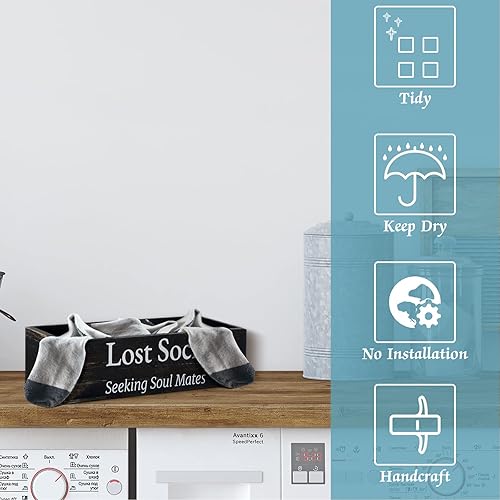 Miniatura 3 de Cesta de calcetines perdidos de madera para decoración de cuarto de servicio, decoración rústica de granja, divertidos calcetines perdidos, letrero