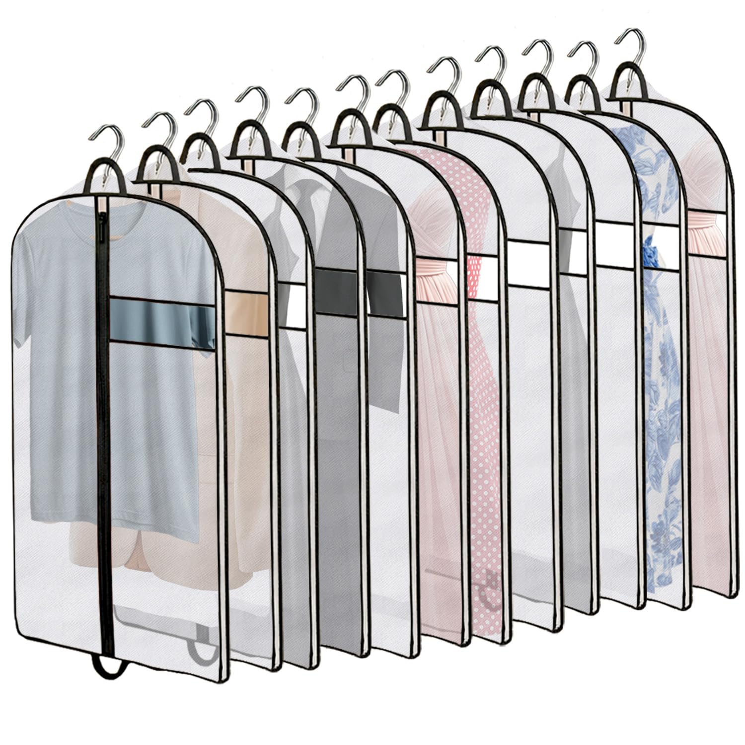 Clothes Cover Bags for Storage, Hanging Garment Covers with Zipper, Dust & Moth Proof, Breathable Suit & Dress Protector for Wardrobe and Travel, Pack of 12 (60cm x140cm)