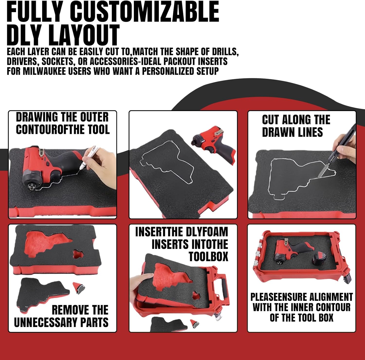 48-22-8424 Foam Insert Tool Organizer for Milwau-ke Packout Cases, Customizable Red/Black Shockproof Foam for Tool Protection (2-Pack)
