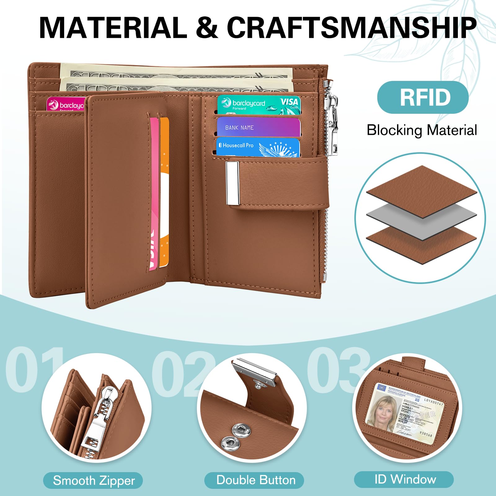 Portefeuille Femme en Cuir Petit Porte Monnaie Blocage RFID Antivol Portefeuilles Court Poche à Monnaie avec Fermeture Eclair, 12 Emplacements pour Cartes (Brun)
