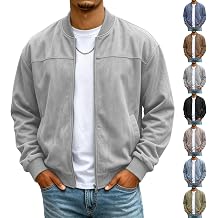 Mens Suede Jacket Stand Collar Warm Plush Zip Up Bomber Jacket with Pockets