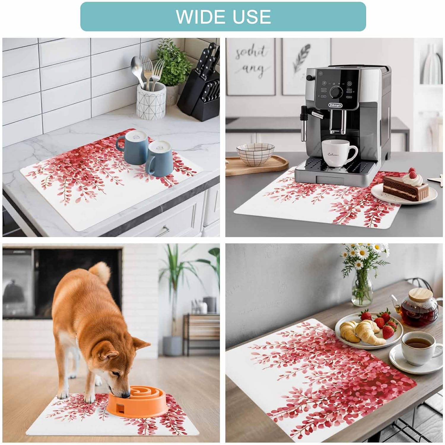 Coffee Mat Red Eucalyptus Leaves Dish Drying Mat for Kitchen Counter Watercolor Art Coffee Bar Mat for Coffee Maker and Espresso Machine, Coffee Station Accessories 18x24in