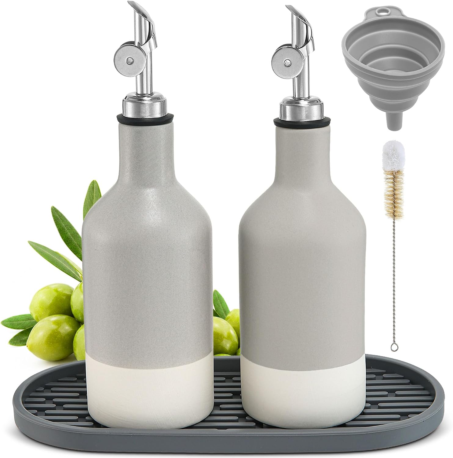 Premium Oil Dispenser Set with Stainless Steel Pourer | 2-Pack Refillable Vinegar & Oil Disperser Bottles with Funnel | Cleaning Brush & Drip Tray for Kitchen Countertop | Light Gray, 400 ml