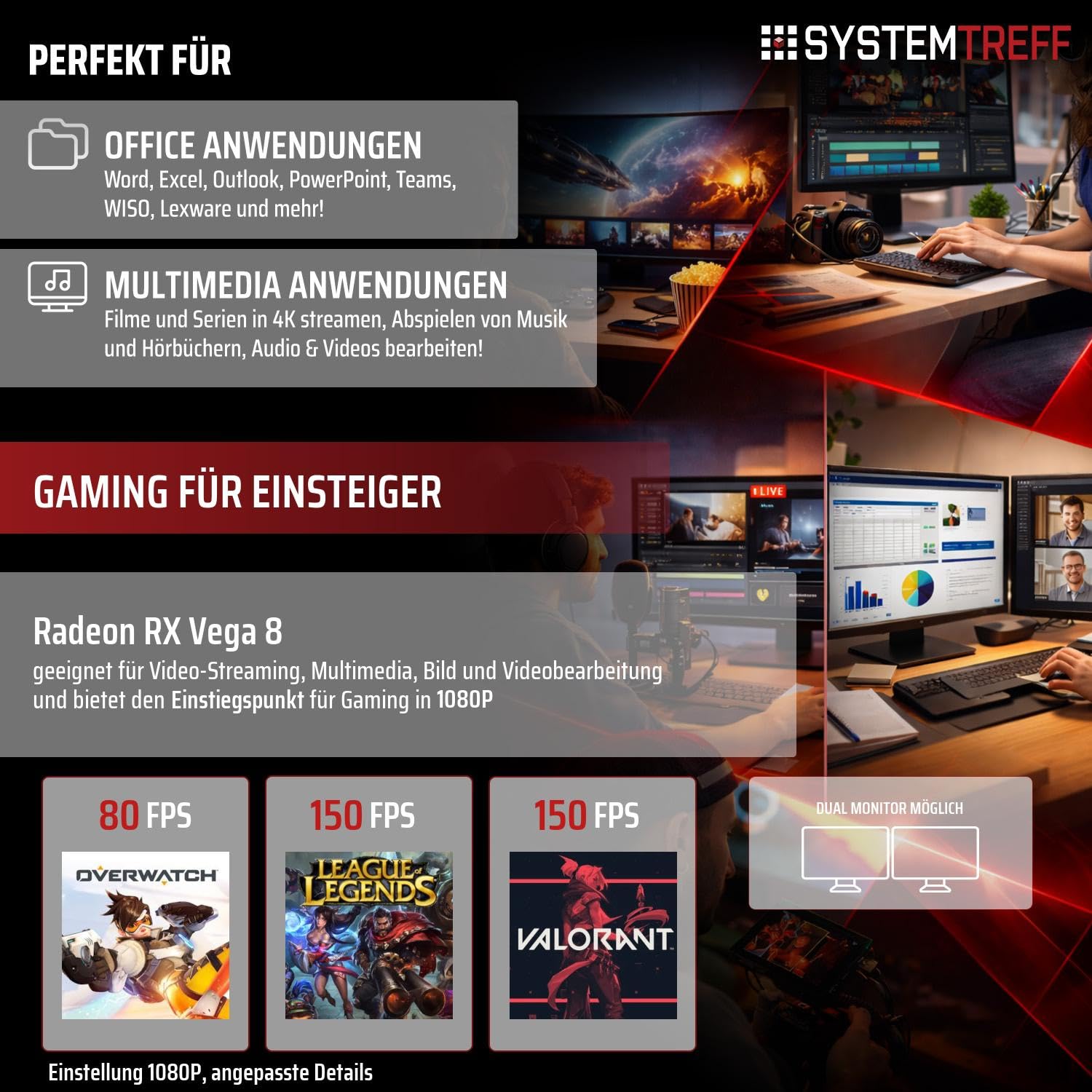 SYSTEMTREFF Basic Gaming PC AMD Ryzen 7 5700G 8x4.6GHz | Radeon RX Vega 8 4K HDMI DX12 | 1TB M.2 NVMe | 32GB DDR4 RAM | Windows 11 | WLAN Desktop Computer Rechner für Gamer, Zocker