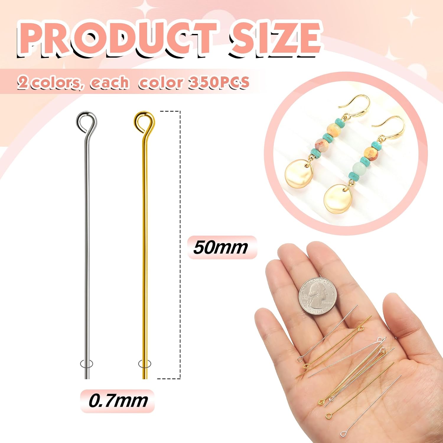 TOAOB 700pcs Eye Pins 50mm Gold Silver 22 Gauge Head Pins Metal Open Head Pins Jewelry Findings for DIY Crafts Necklaces Bracelets Earrings Making