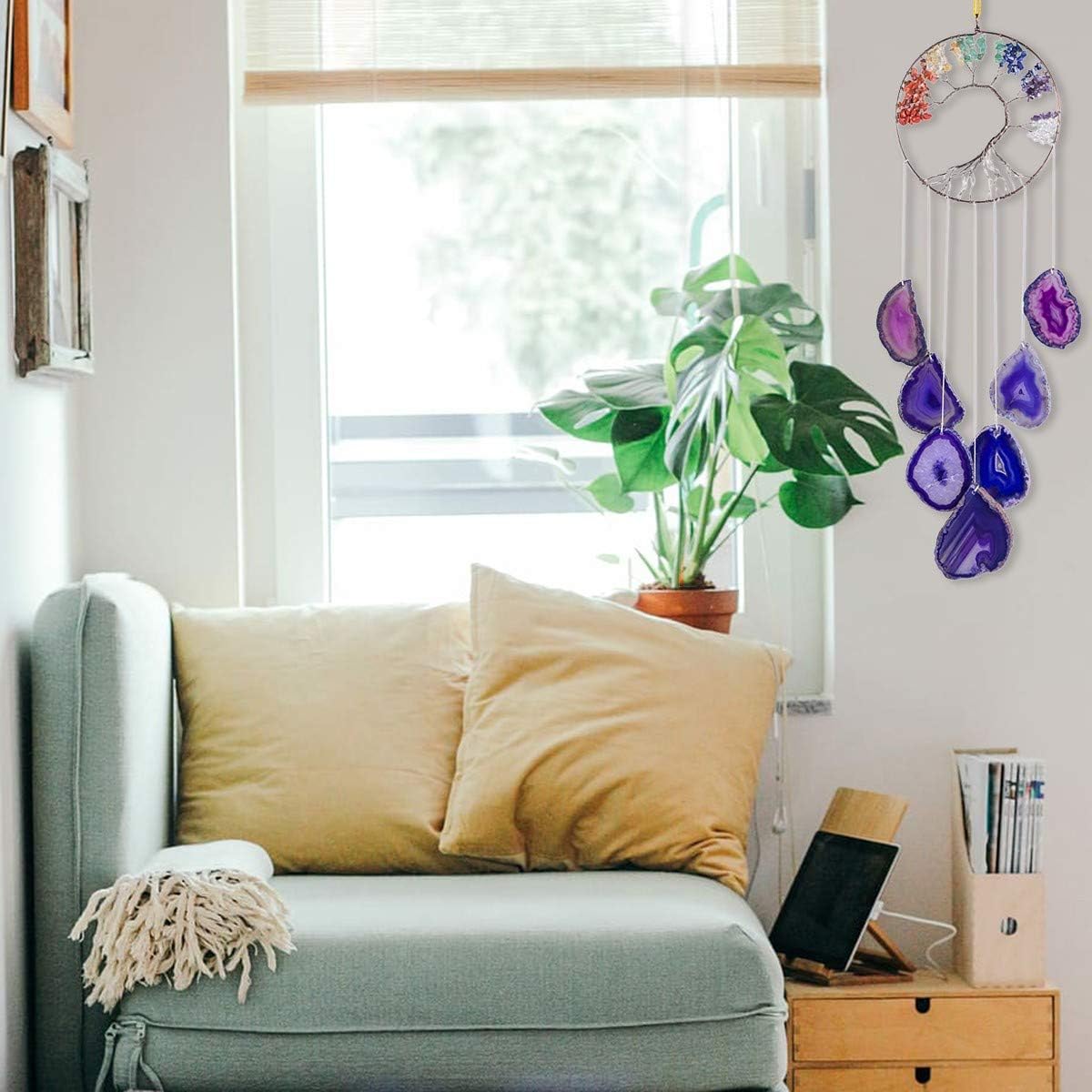 Nupuyai Tree of Life Purple Agate Slices Wind Chime 7 Chakra Crystal Hanging Ornaments Handmade Windchime for Home Indoor Outdoor Decoration