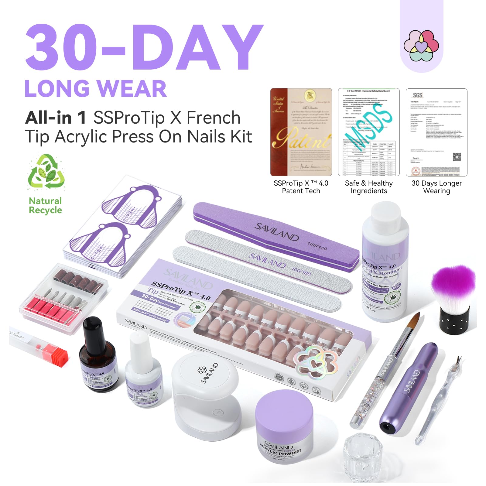 SAVILAND Acrylic Nails Kit With French Tips: 30 Days Strong Wear Acrylic Nail Set including 160 Pcs Long Square Full Cover Press on Nails Acrylic Powder Monomer Stronger Healthier Fake Nails French Nails - Image 2