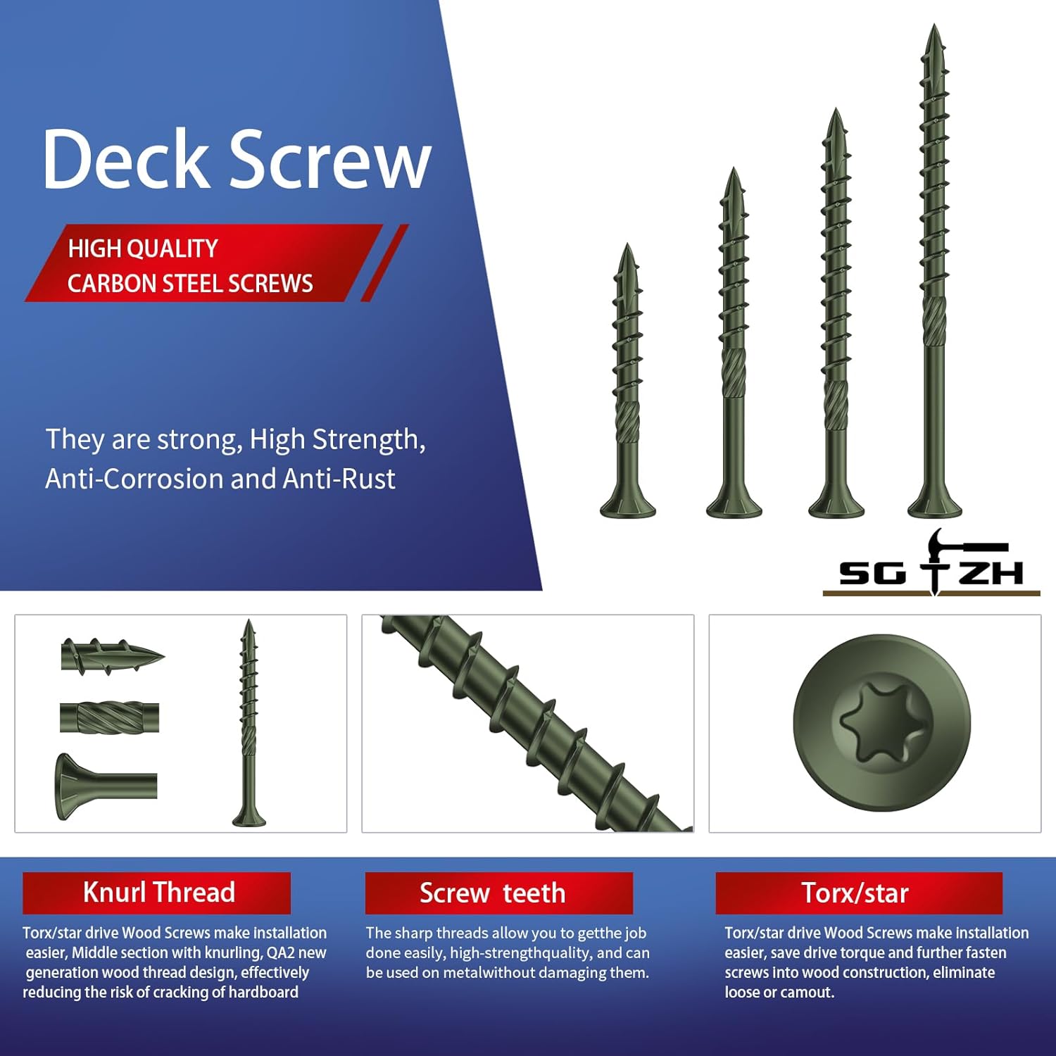 #8 x 1-1/2" Deck Screws (1610Pcs) 10lb. Carbon Steel, Green, Flat Head, Rust Resistant epoxy Coated, with T25 Star Bit