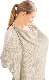 Konssy Muslin Nursing Cover Breastfeeding - Breathable 100% Cotton with Rigid Hoop, Multi-Use Car Seat Canopy Apron (Summer Wheat)
