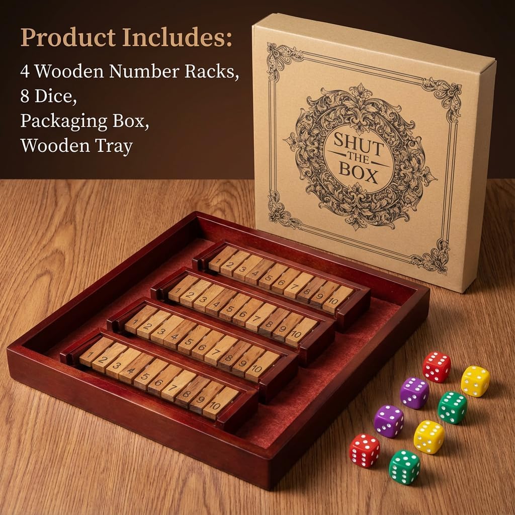 MoodLife Modular Shut The Box Game (Expandable to 8+ Player) - Large 11.8" Wooden Board with 4 Detachable Trays | Math Dice Game for Family Party, Classroom - Classic Tabletop Gift for Kids & Adults